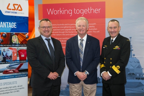 L-R: BAE Delivery Director - Acquisition Andy Cox, LSA Managing Director Mike Grainger, Director General Hunter Class Frigates Commodore Scott Lockey